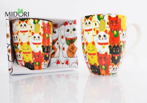 kubek kotek kawaii multikolorowy, kubek na szczęście, ceramiczny japoński kubek