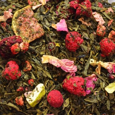 zielona herbata z malinami i figą, sypana zielona herbata, herbata z owocami, herbata naturalana, herbata z dodatkami, dobra zielona herbata, herbata dla konesera, 2