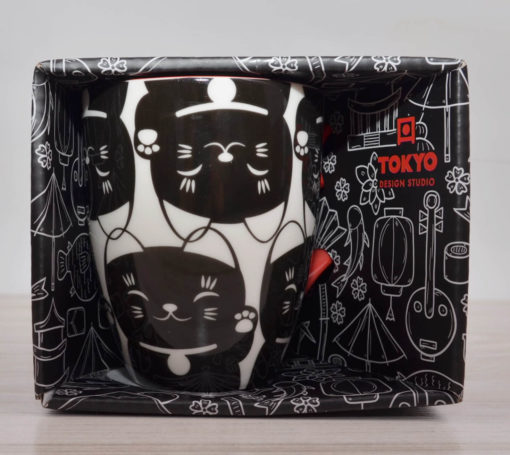porcelanowy czarny kubek kawai, porcelanowy kubek, japoński kubek, japońska ceramika, kubek do herbaty, kubek na prezent, kubek dla chłopaka, kubek dla dziecka, kot 4 (1)