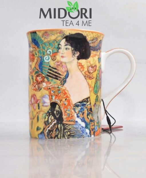 Kubek Gustav Klimt Dama z Wachlarzem, porcelana z motywami malarstwa Klimta, Kubek na Prezent Klimt, Kubek do Herbaty Carmani, Kolekcja malarstwo,piękny kubek (1)